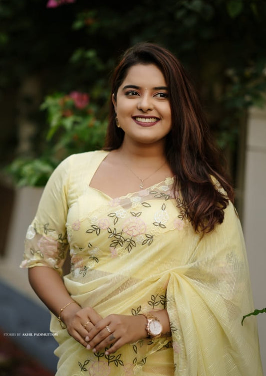 Pastel Yellow Kota Saree with Floral Organza Applique