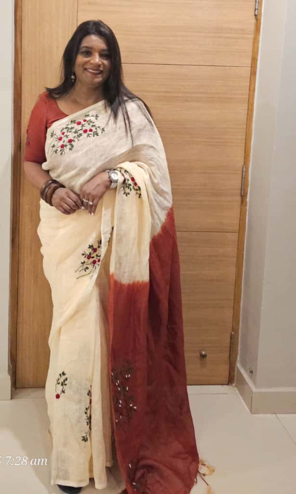 Customer wearing Double Shaded Pure Linen Saree with Floral Hand Embroidery
