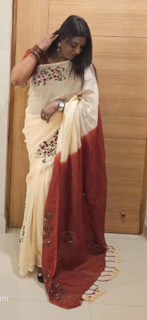 Customer wearing Double Shaded Pure Linen Saree with Floral Hand Embroidery