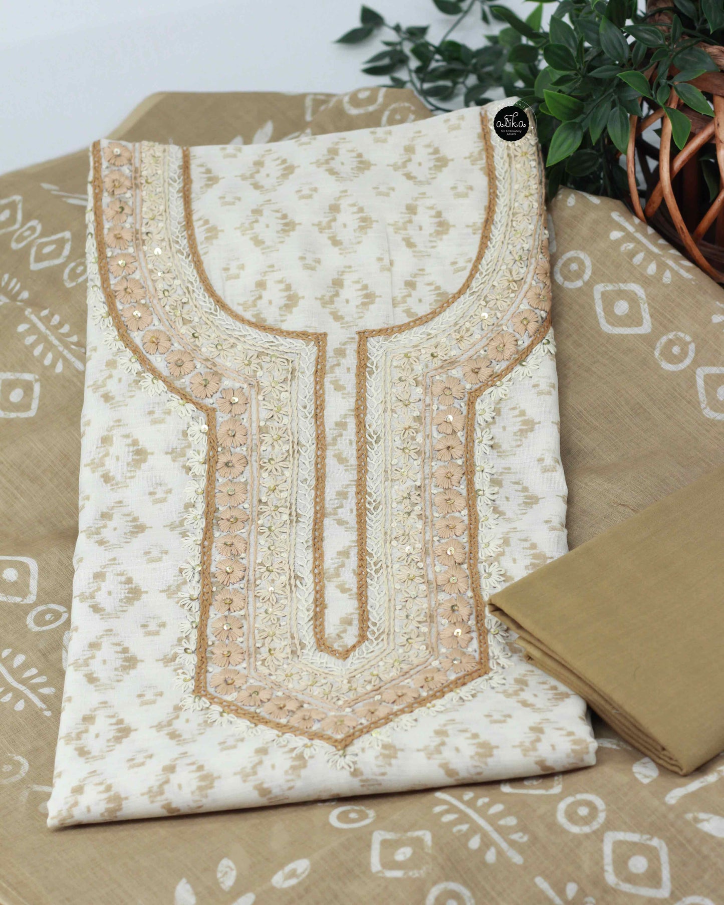 Off-White Printed Chanderi Cotton Salwar Set with Floral Embroidery