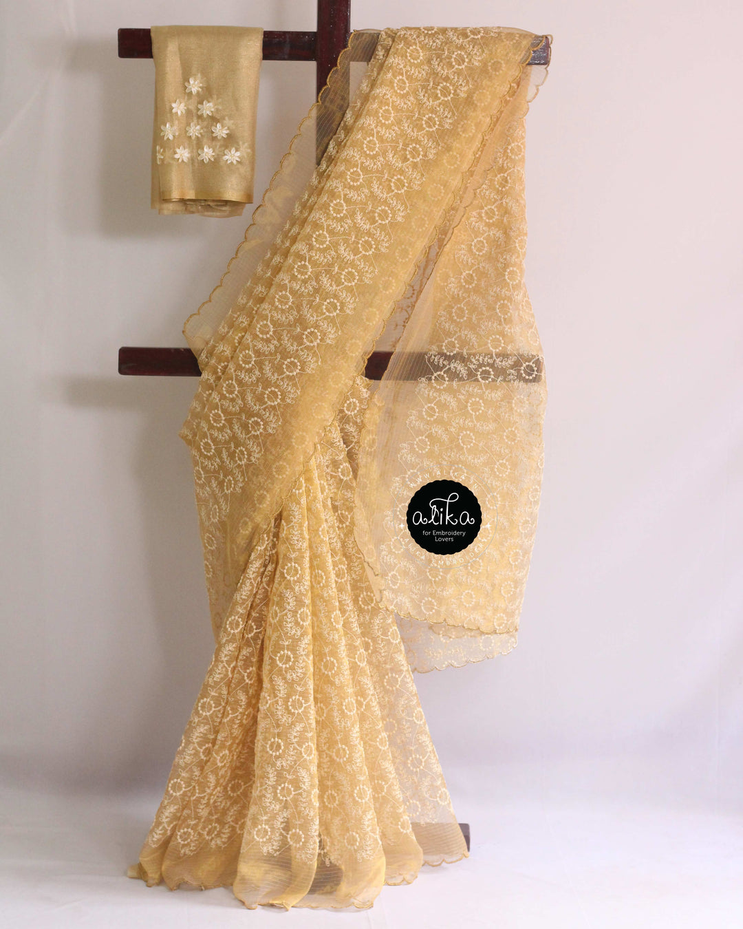 Gold Phulkari Saree with Ribbon Work Blouse