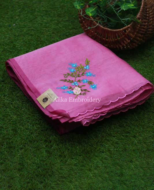 Elegant Pink Kota Saree with Blue Floral Machine Embroidery | Timeless Grace