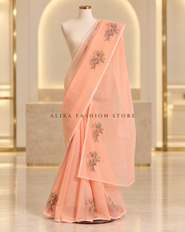 Light Peach Kota Saree with Floral Hand Embroidery