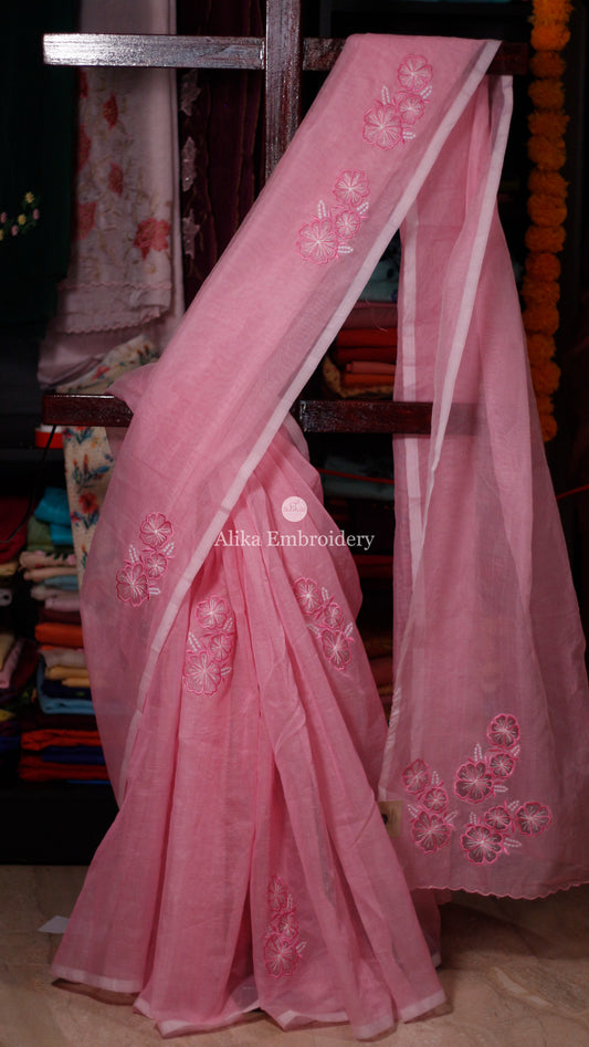 Elegant Striped Pink Shaded Silky Kota Saree with Appliqué Work