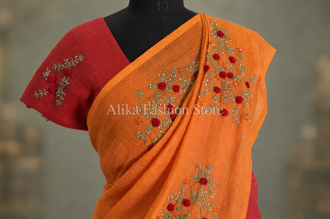 Red &amp; Saffron Orange Pure Linen Saree with Floral Hand Embroidery &amp; Bead Work