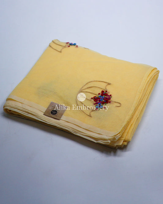 Elegant Light Yellow Kota Saree with Beige Shaded umbrella pattern in Chain Stitch and Floral Bullion Work