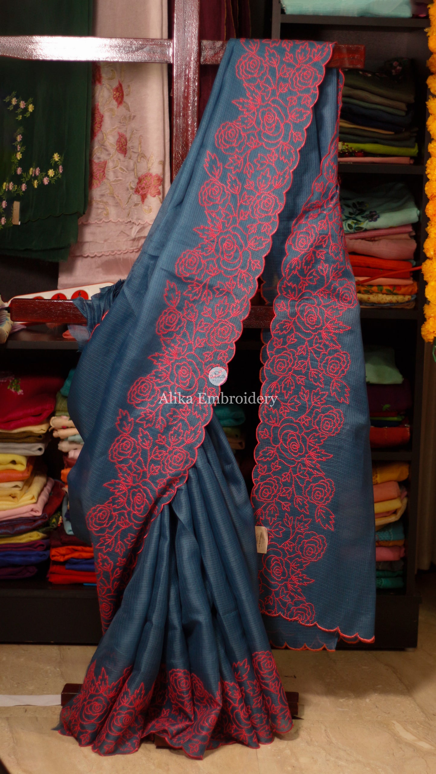 Light Blue Kota Saree with Pink Shaded Machine Embroidery