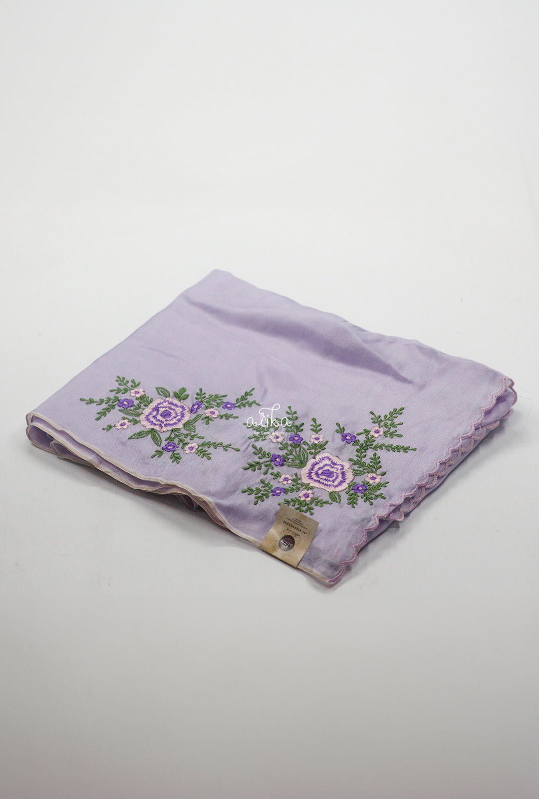 LAVENDER CRISPY GEORGETTE SAREE WITH BABY PINK AND VIOLET FLORAL MACHINE EMBROIDERY