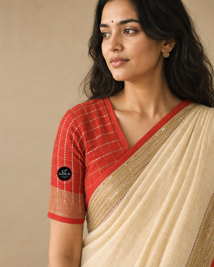 Cream Pure Linen Saree with Bead &amp; Sequin Work