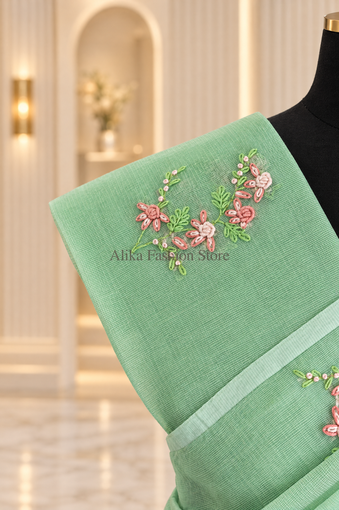 Pistachio Green Kota Saree with Floral Hand Embroidery