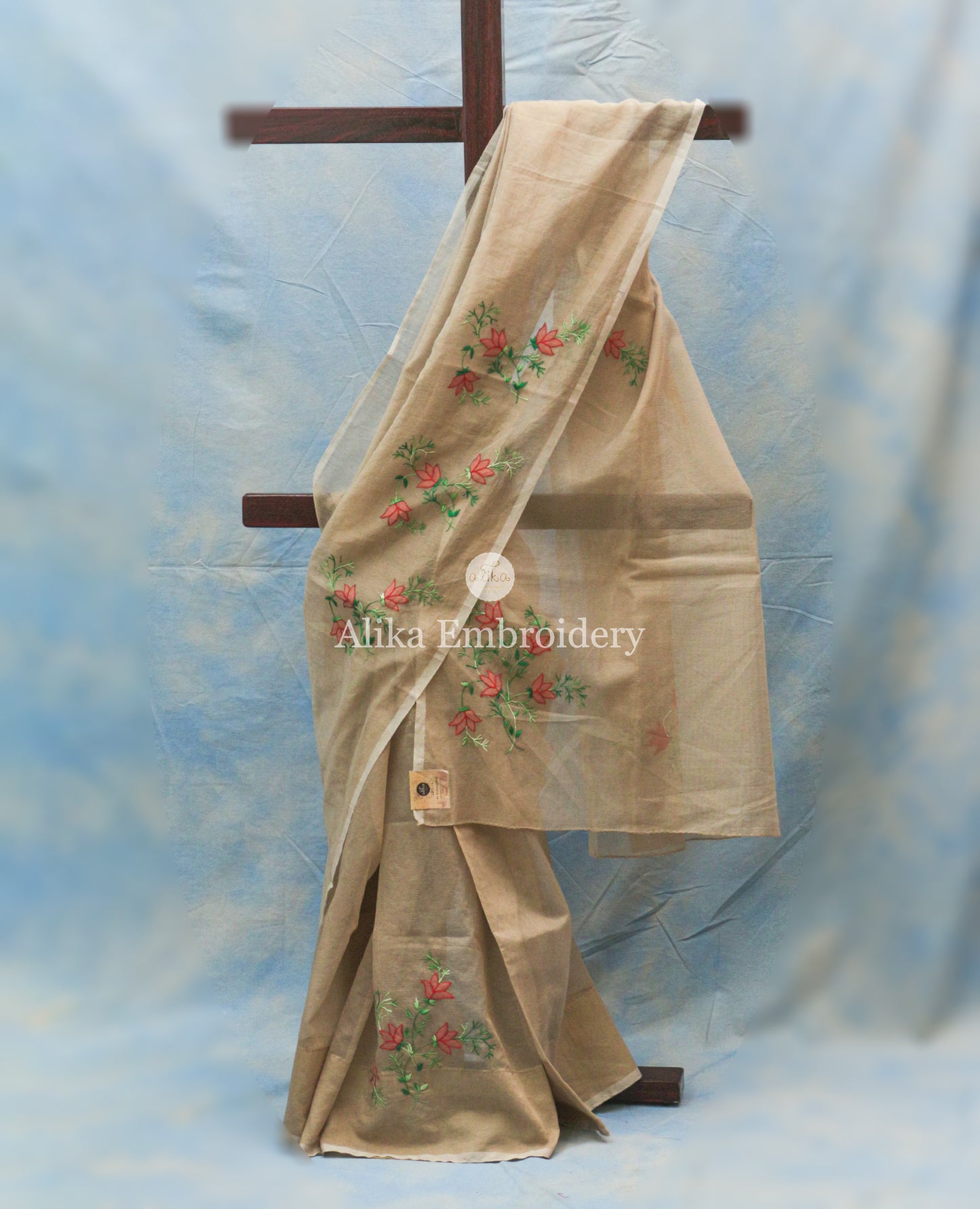 Light Brown Kota Saree with Red floral Shadow Work