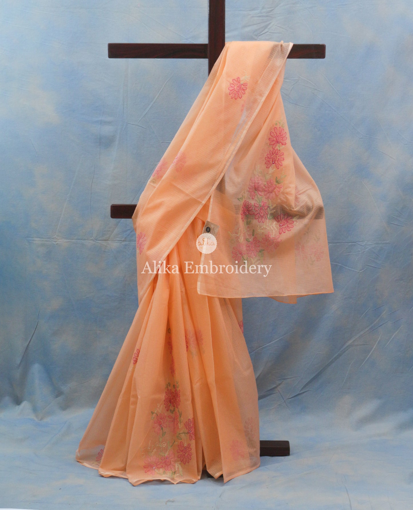 Chic Peach Checked Kota Saree with Pink Shadow Work
