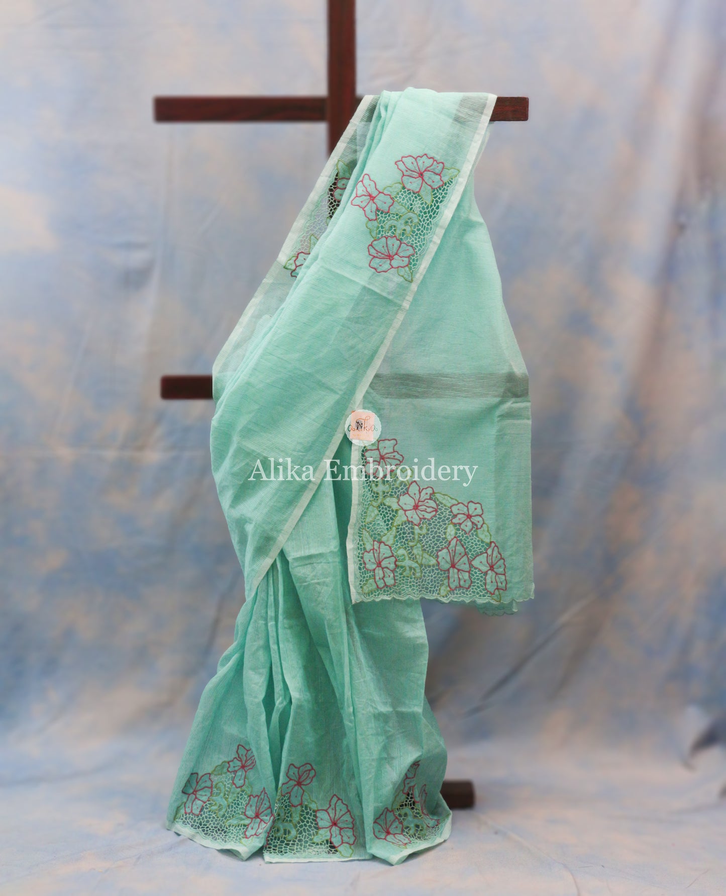 Stunning Green Shaded Striped Kota Saree with Floral and Twain Cut Work