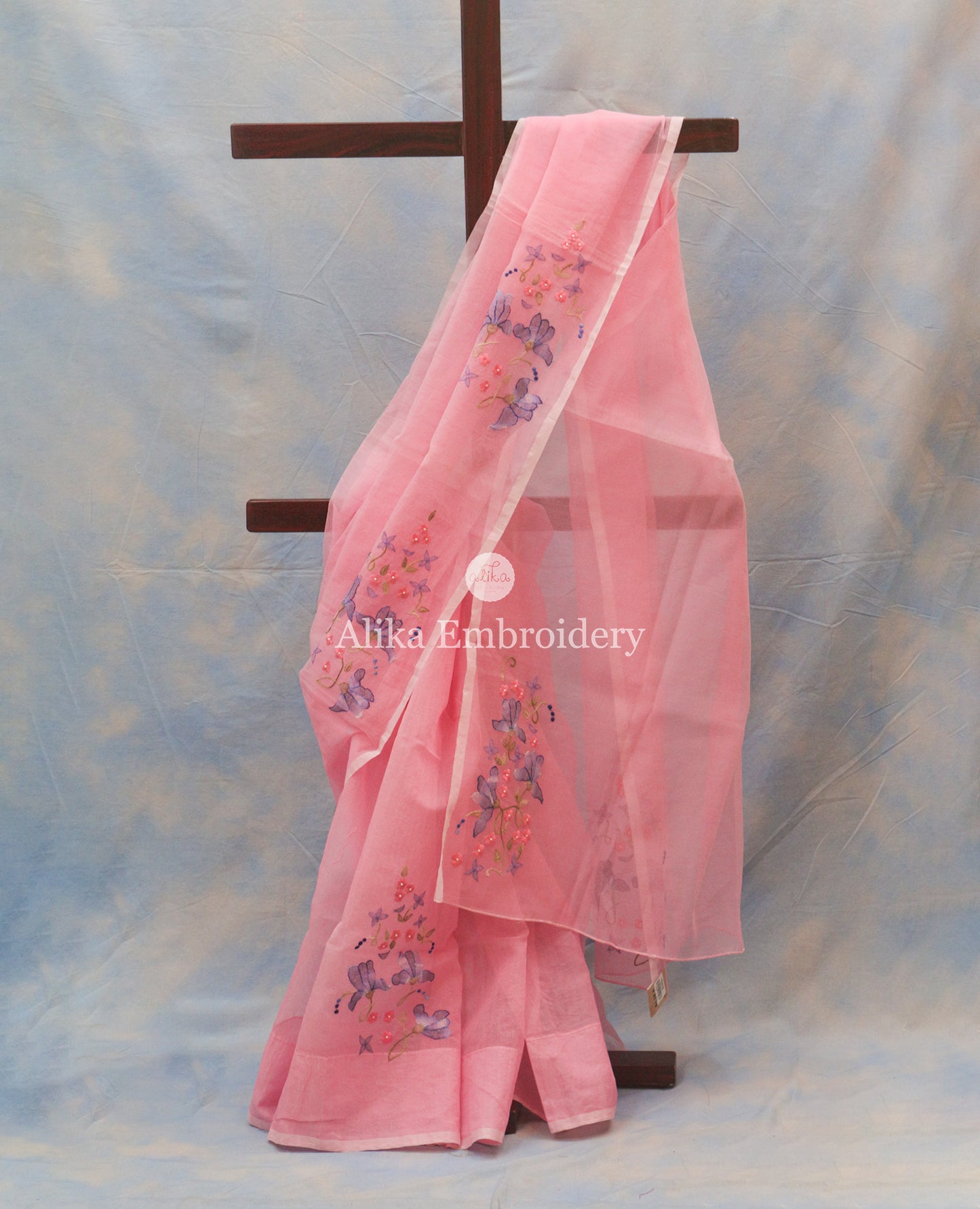 Elegant Pink Saree with Blue and Pink Shadow Work