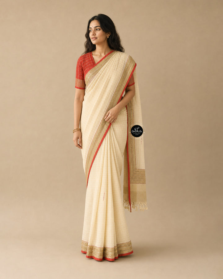 Cream Pure Linen Saree with Bead &amp; Sequin Work