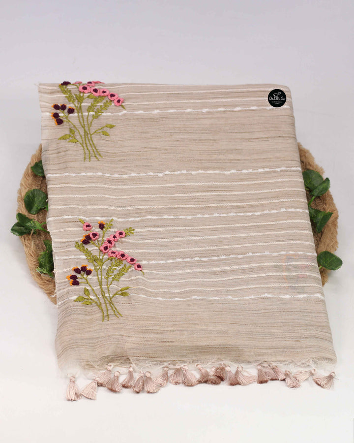 Light Beige Bamboo Silk Saree with Floral Hand Embroidery