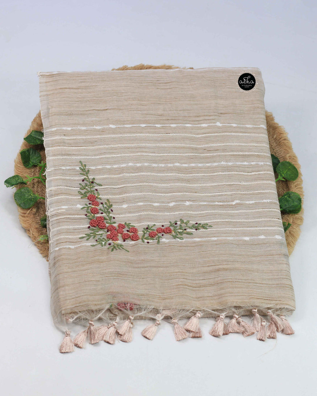 Champagne Beige Bamboo Silk Saree with Floral Hand Embroidery