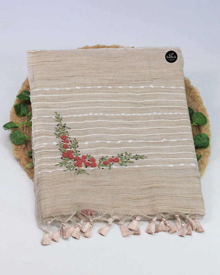 Champagne Beige Bamboo Silk Saree with Floral Hand Embroidery
