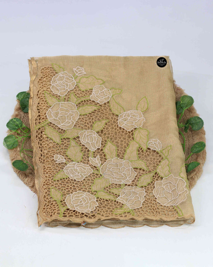 PURE DOUBLE SHADED GOLDEN TISSUE SAREE WITH FLORAL TWINE CUTWORK