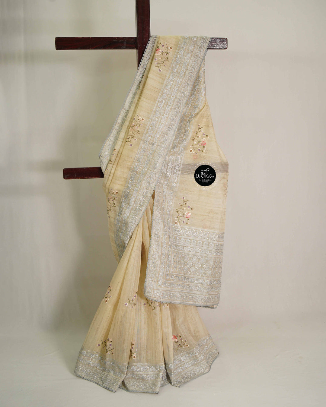 Beige Designer Silk Saree with Gray Floral Machine Embroidery