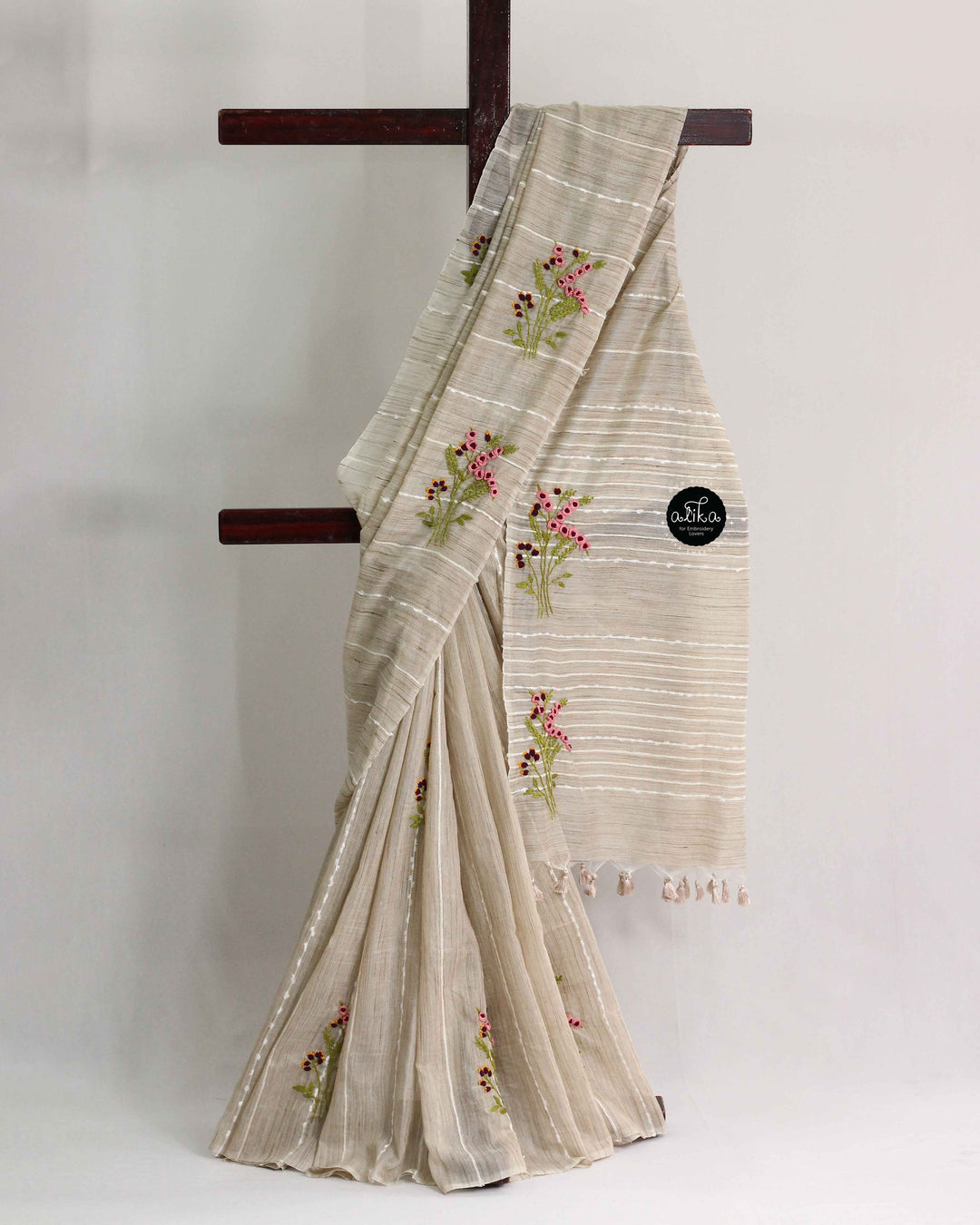 Light Beige Bamboo Silk Saree with Floral Hand Embroidery