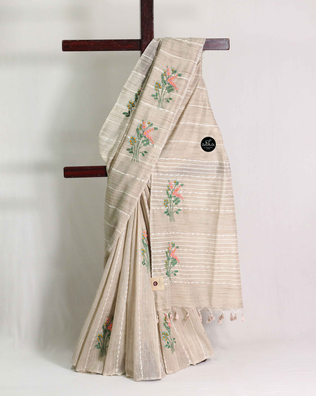 Champagne Beige Bamboo Silk Saree with Floral Hand Embroidery