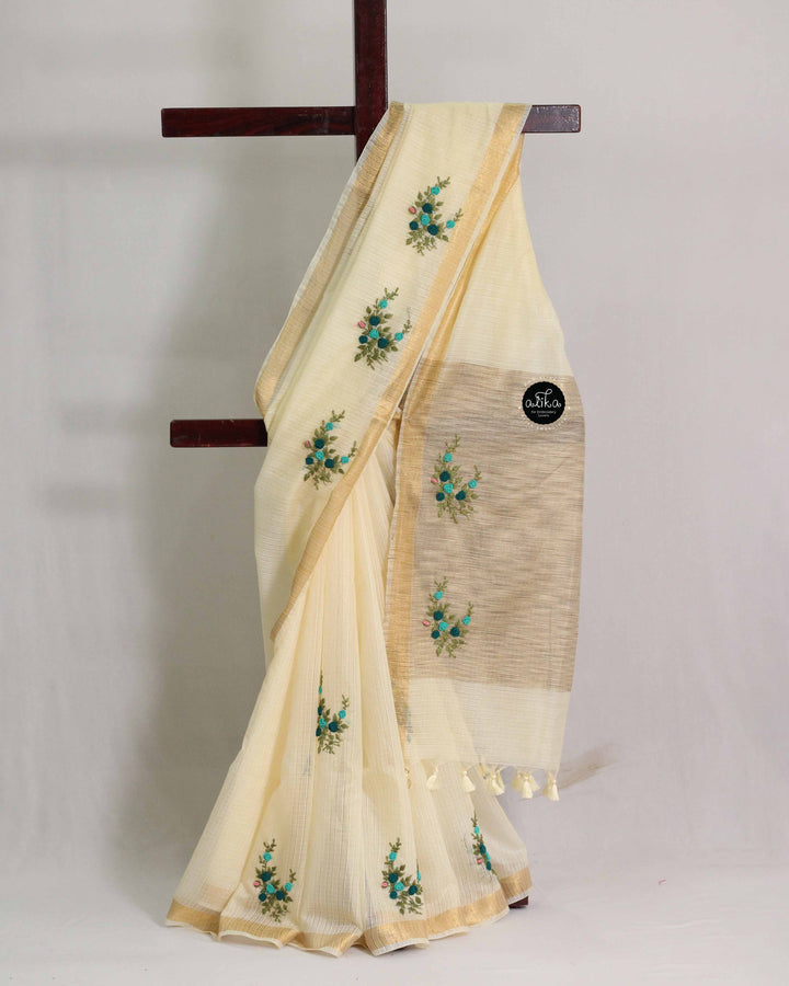 Cream Silky Kota Saree with Floral Hand Embroidery