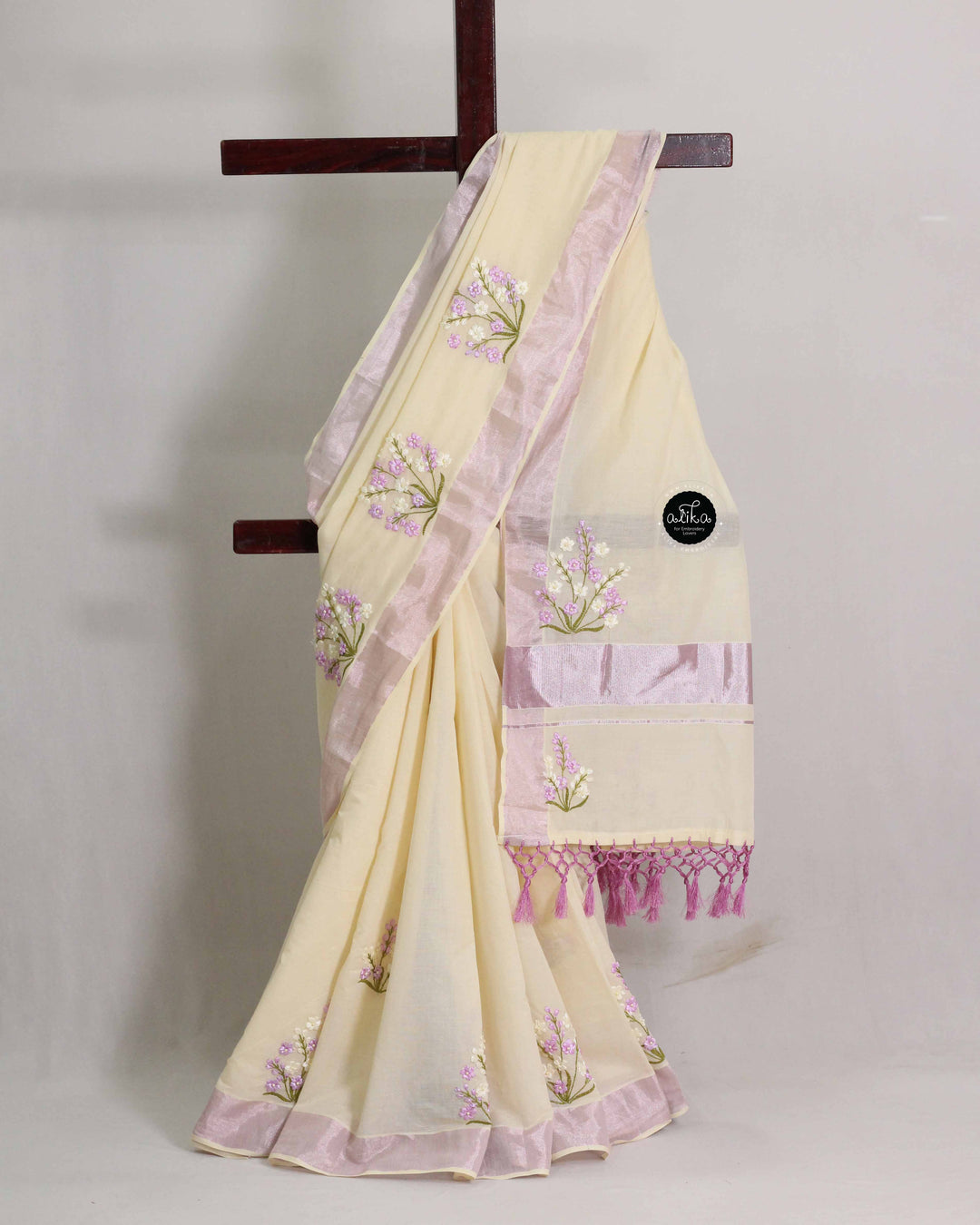 Cream &amp;amp; Lavender Kasavu Saree with Ribbon Embroidery