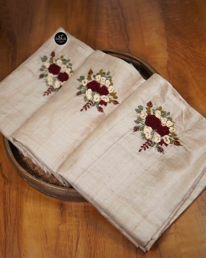 Beige Pure Tussar Silk Saree with Floral Hand Embroidery