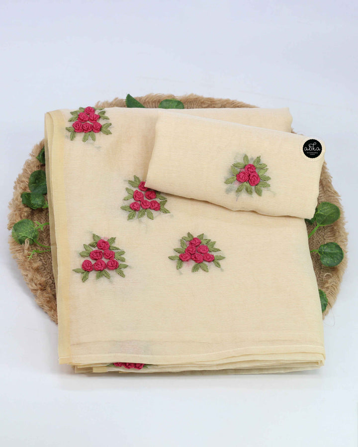 Beige Kota Saree with Floral Hand Embroidery
