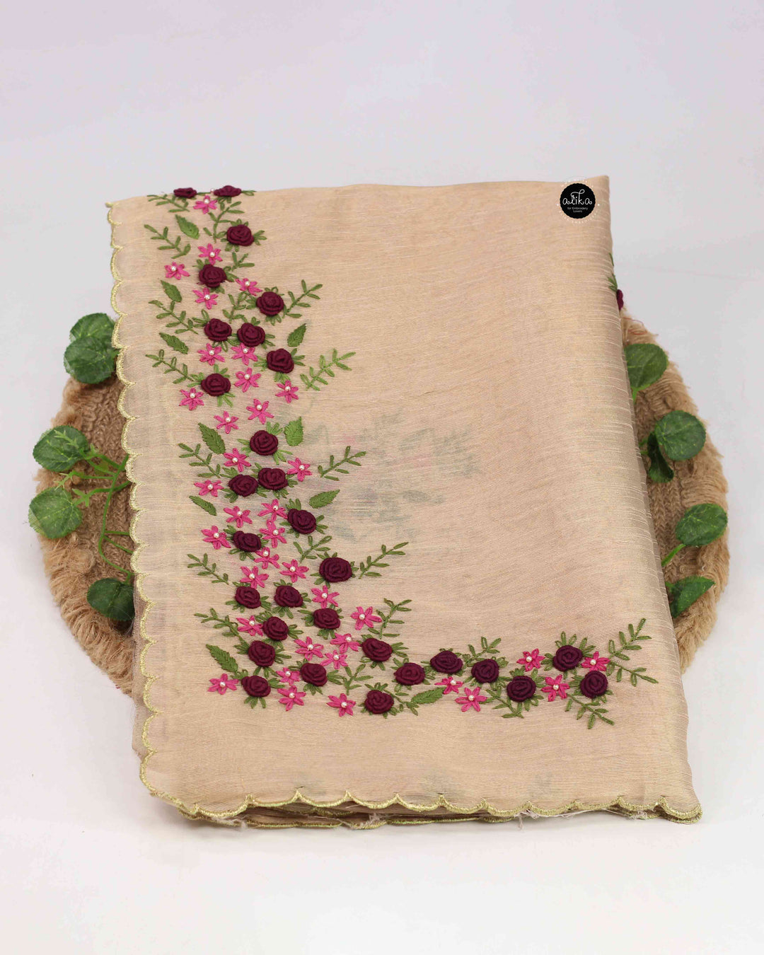Gold Designer Silk Saree with Floral Hand Embroidery