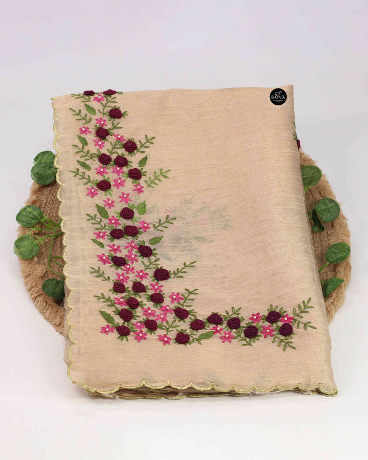 Gold Designer Silk Saree with Floral Hand Embroidery
