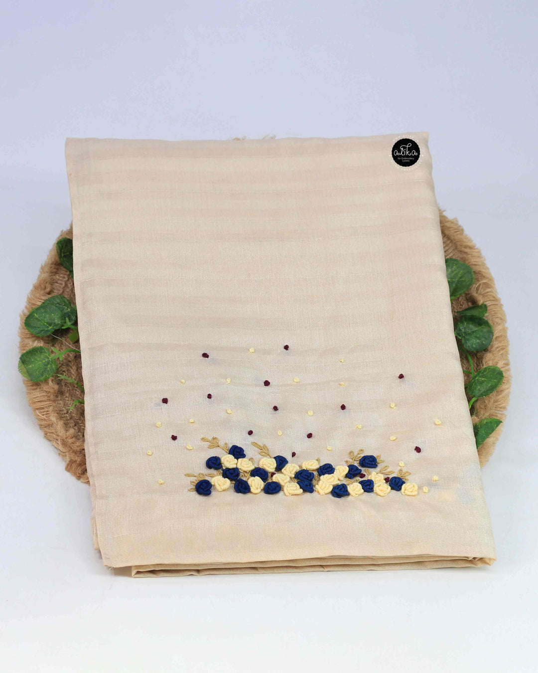Cream Designer Silk Saree with Floral Hand Embroidery