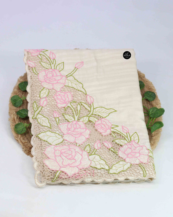Cream Designer Silk Saree with Floral Twine Cutwork