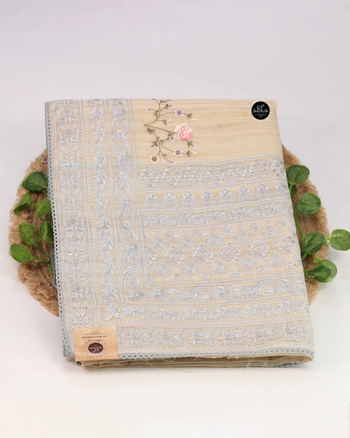 Beige Designer Silk Saree with Gray Floral Machine Embroidery