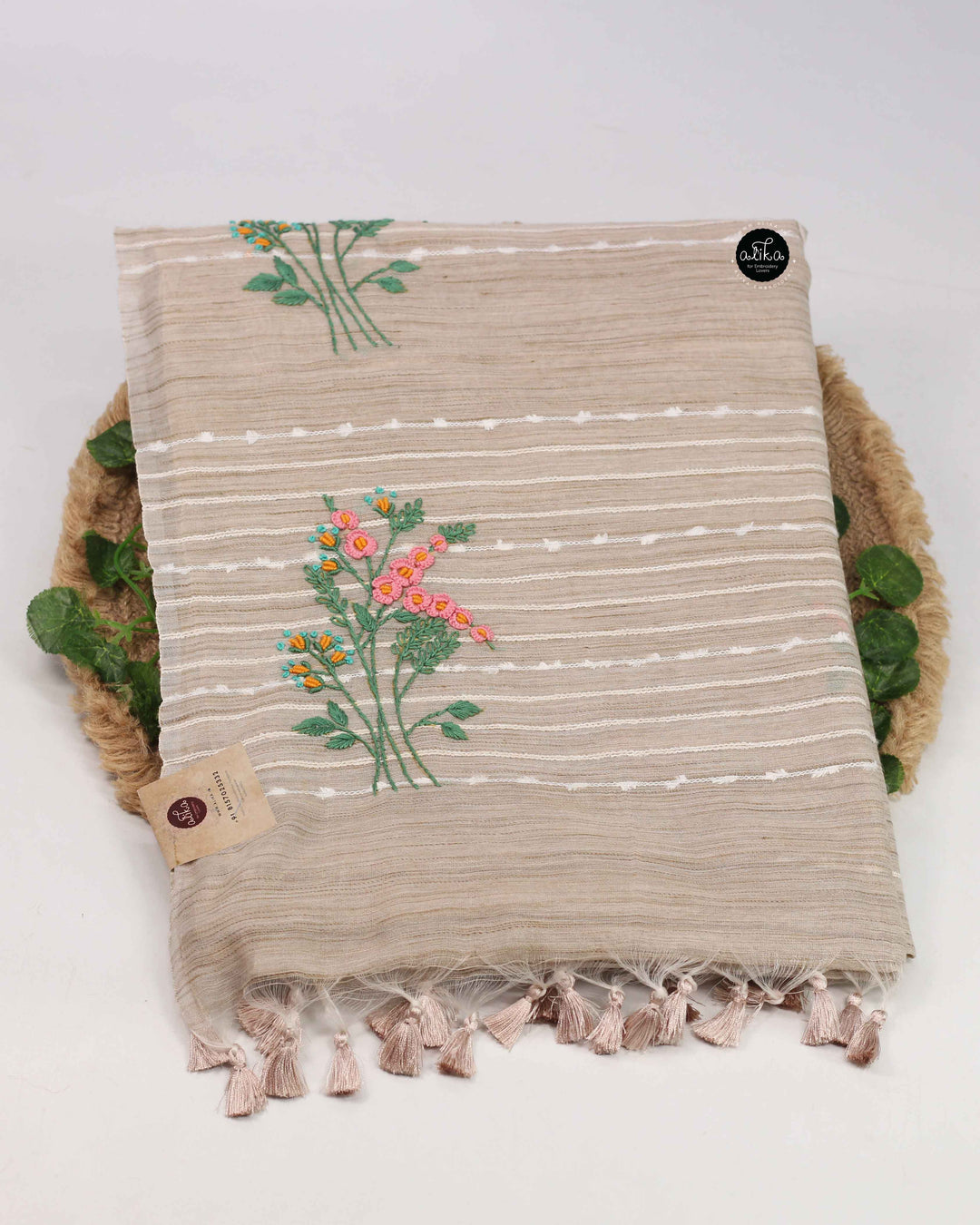 Champagne Beige Bamboo Silk Saree with Floral Hand Embroidery