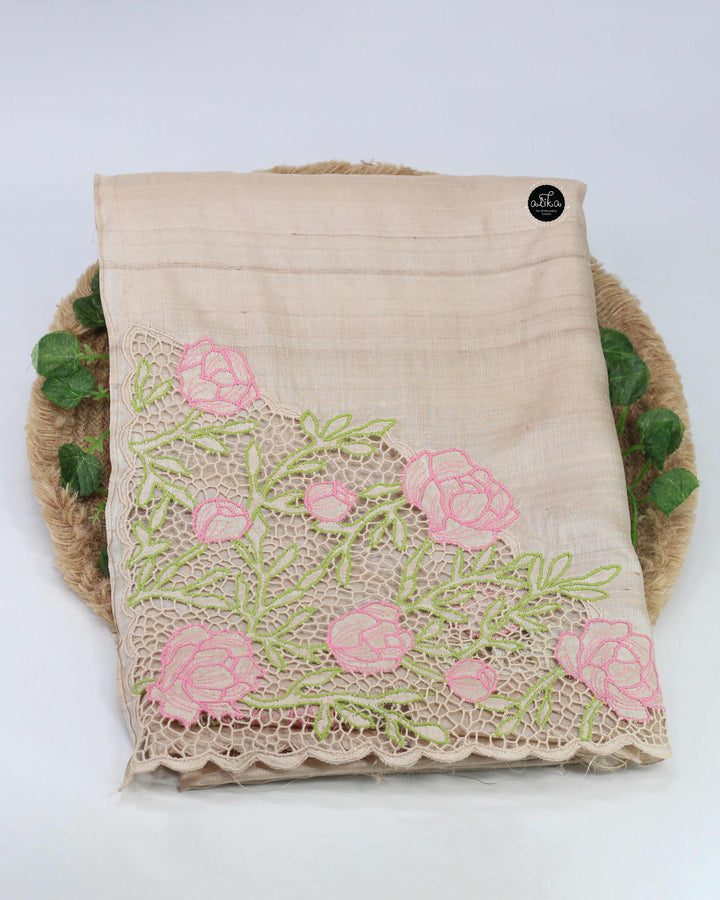 Beige Pure Tussar Saree with Floral Twine Cutwork