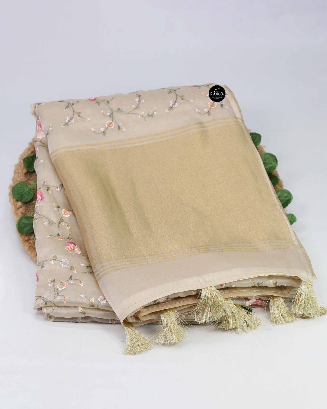 Light Beige Organza Saree with Floral Machine Embroidery