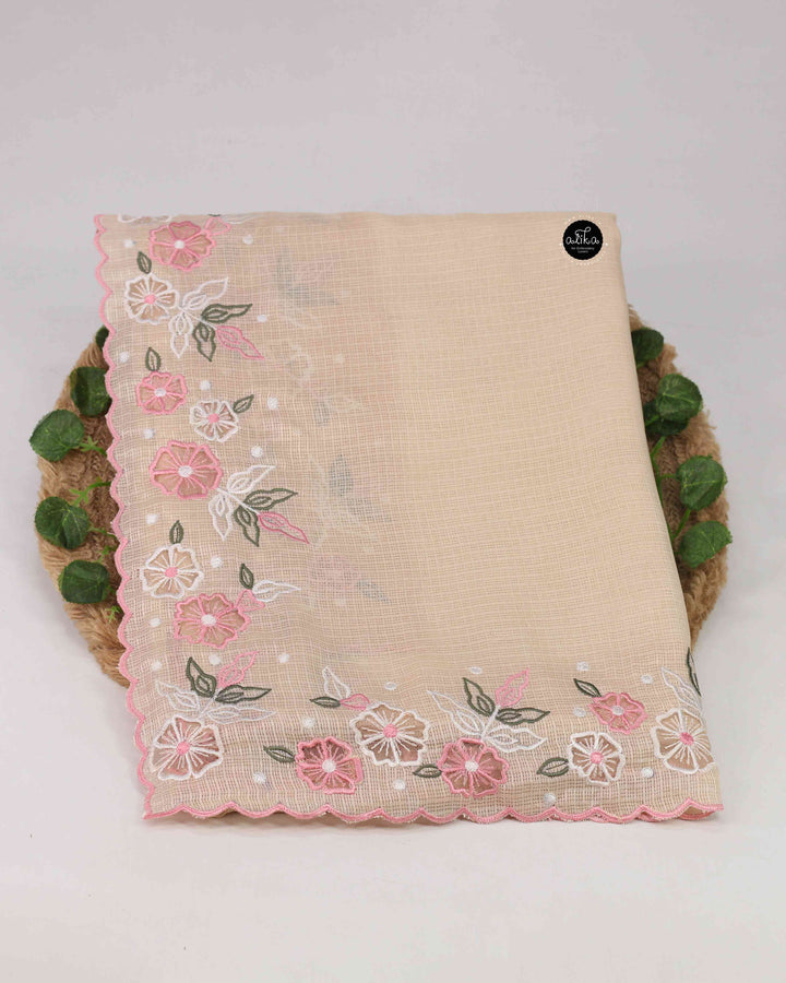 Light Beige Silky Kota Saree with Floral Embroidery