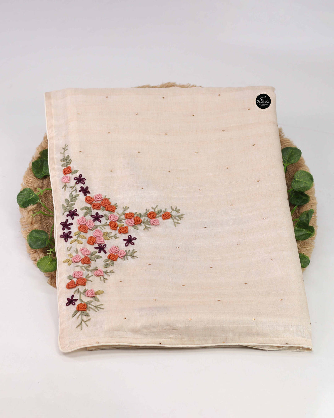 Beige Semi Silk Saree with Floral Hand Embroidery