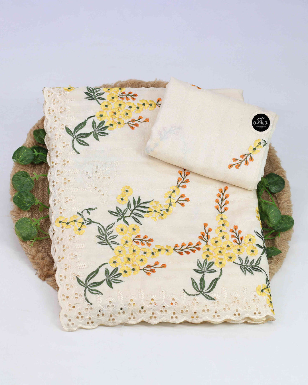 Cream Designer Silk Saree with Floral Machine Embroidery &amp; Cutwork