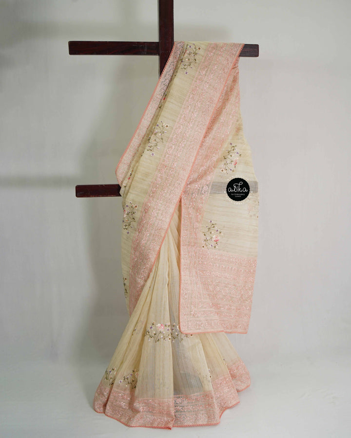 Beige Designer Silk Saree with Peach Floral Machine Embroidery