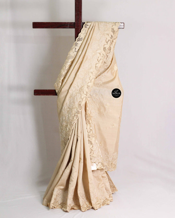 Beige Designer Silk Saree with Floral Cutwork Border