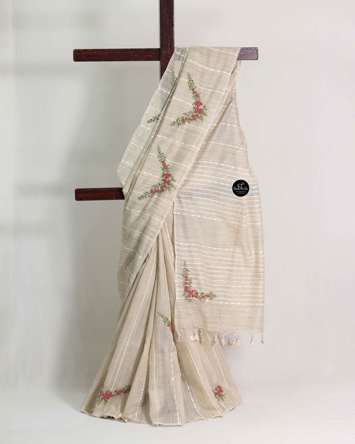 Champagne Beige Bamboo Silk Saree with Floral Hand Embroidery