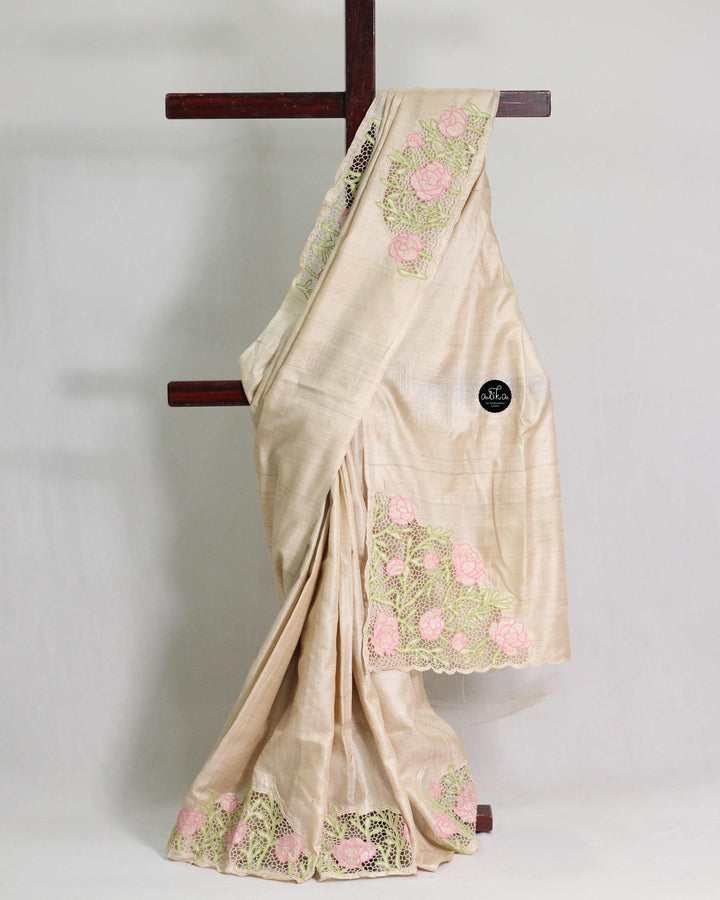Beige Pure Tussar Saree with Floral Twine Cutwork
