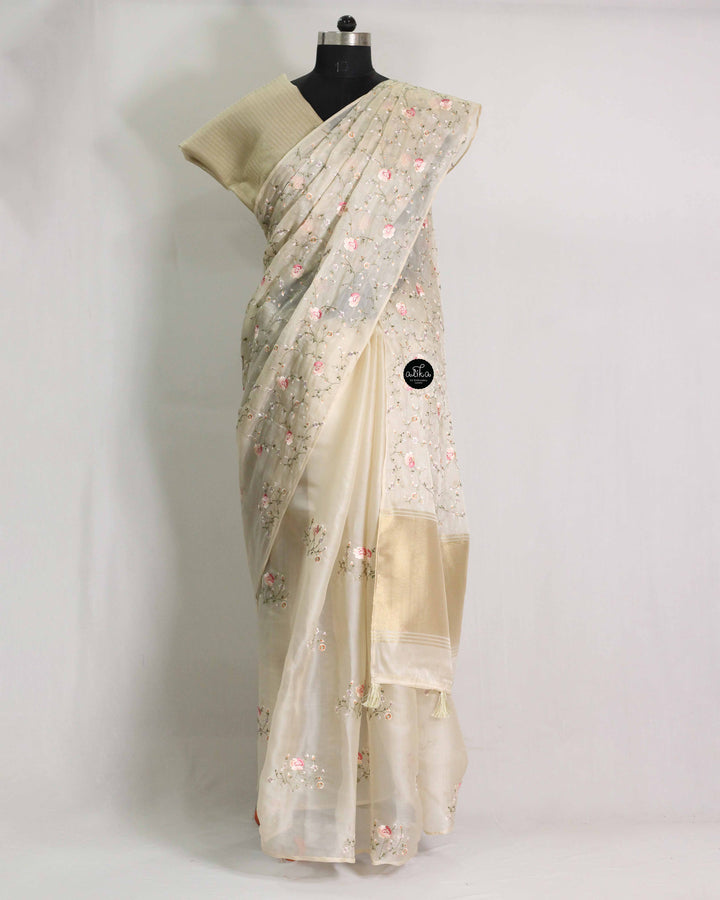 Light Beige Organza Saree with Floral Machine Embroidery