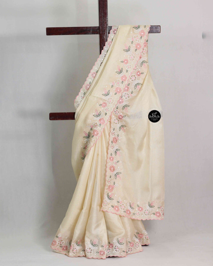Light Beige Silky Kota Saree with Floral Embroidery