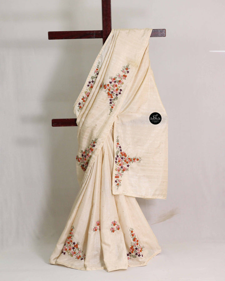Beige Semi Silk Saree with Floral Hand Embroidery