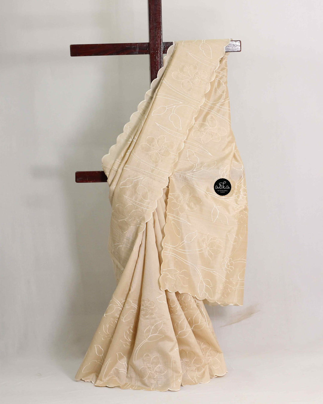 Beige Semi Silk Saree with Floral Appliqué Work