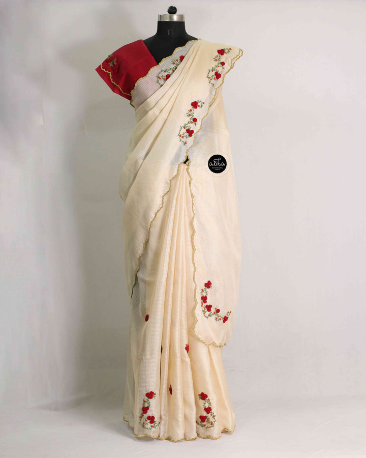 Beige Silky Kota Saree with Floral Hand Embroidery &amp; Golden Scalloped Border